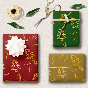 Feuille De Papier Cadeau Gold Foil Red Green Noël Tree Motif Holiday