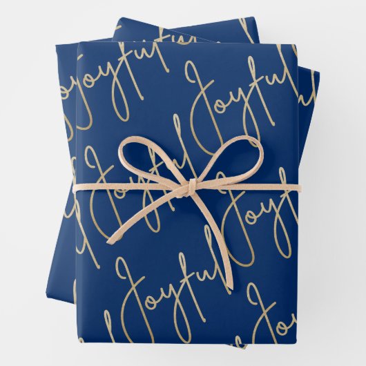 Feuille De Papier Cadeau Gold JOYFUL sur Blue (En situation)