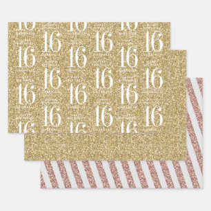 Feuille De Papier Cadeau Gold Parties scintillant Sweet 16 bandes personnal