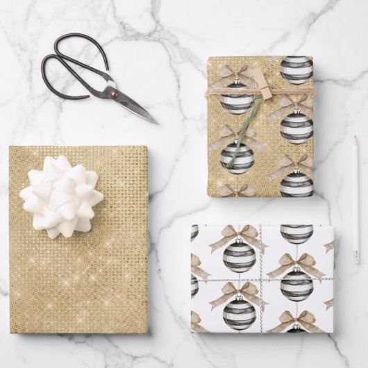 Feuille De Papier Cadeau Gold Sparkle Christmas Black Stripes Ornament Bow (Recto)