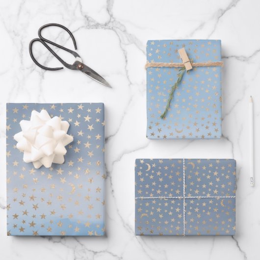 Feuille De Papier Cadeau Gold Stars Moons Blue Ombre (Recto)