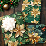 Feuille De Papier Cadeau Golden Poinsettia Flower sur Green Christmas<br><div class="desc">Fleur de Poinsettia d'or sur feuilles de papier écorce de Noël vert</div>