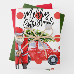 Feuille De Papier Cadeau Golf sapin de Noël en voiture rouge avec le Père N