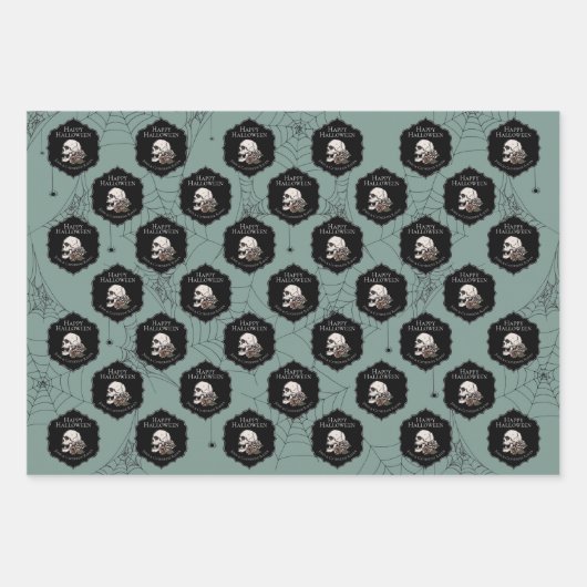 Feuille De Papier Cadeau Goth Green Skuls and Stripes Halloween (Devant)