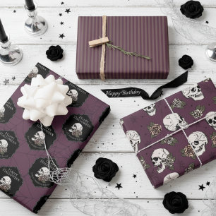 Feuille De Papier Cadeau Goth Maroon Crânes pourpres et stries Halloween