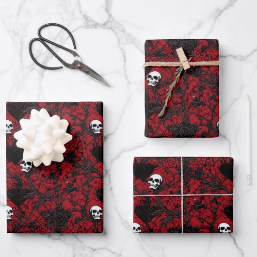 Feuille De Papier Cadeau Gothic Black Roses Black Hearts and Skulls (Recto)