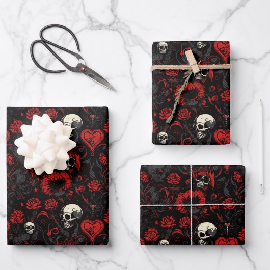 Feuille De Papier Cadeau Gothic Red Hearts Black Flowers and Skulls (Recto)
