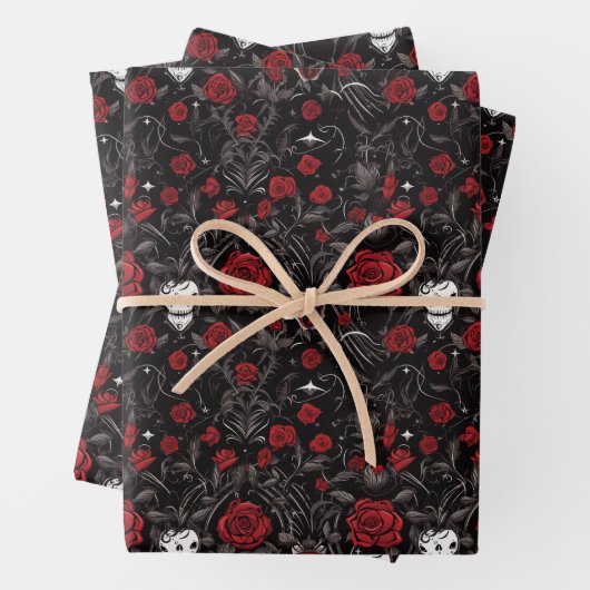 Feuille De Papier Cadeau Gothic Red Roses and Skulls (En situation)