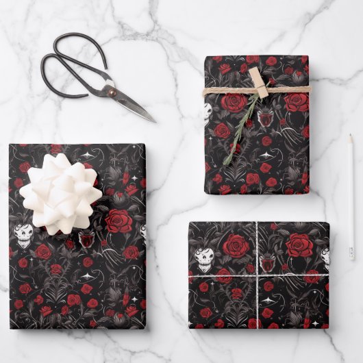Feuille De Papier Cadeau Gothic Red Roses and Skulls (Recto)
