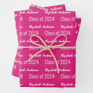 Feuille De Papier Cadeau Graduation Cursive Grad Nom complet Hot Rose & Whi