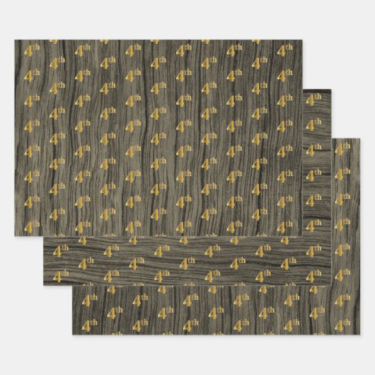 Feuille De Papier Cadeau Grain Rustique Faux Bois, Elégant Faux Or "4ème" (Lot)