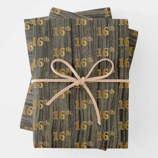 Feuille De Papier Cadeau Grain Rustique Faux Wood, Elégant Faux Gold "16e" (En situation)