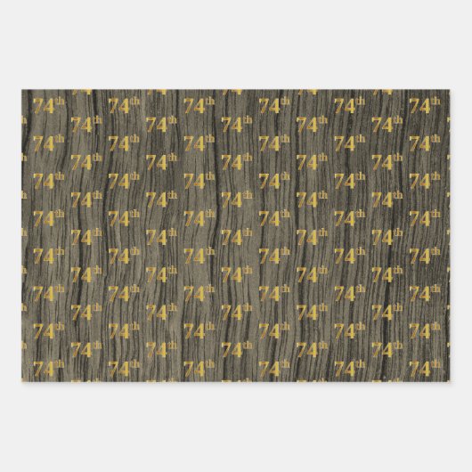Feuille De Papier Cadeau Grain Rustique Faux Wood, Elégant Faux Gold "74e" (Devant)