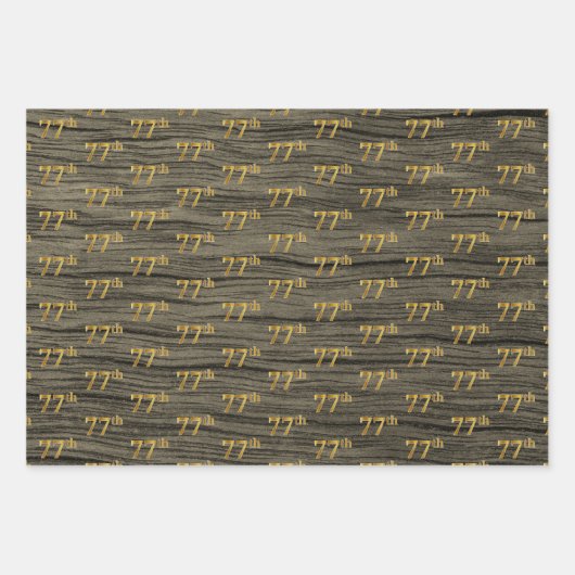 Feuille De Papier Cadeau Grain Rustique Faux Wood, Elégant Faux Gold "77th" (Devant 2)