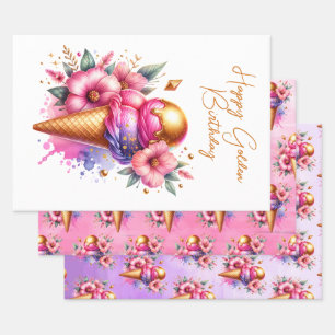 Feuille De Papier Cadeau Grande Crème de glace rose et or Anniversaire doré