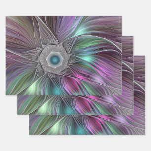 Feuille De Papier Cadeau Grande Fleur colorée Abstraite Trippy Fractal Art