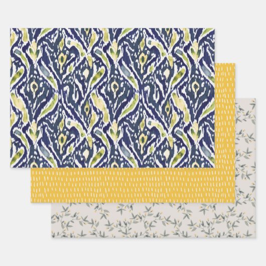 Feuille De Papier Cadeau Gras bleu jaune Abstrait Ikat Motif (Lot)