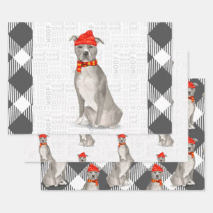Feuille De Papier Cadeau Gray Pitbull Staffordishire Christmas Chien Plaid