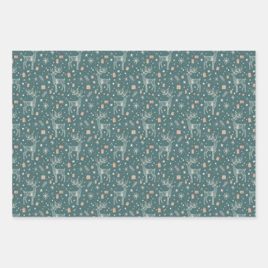 Feuille De Papier Cadeau Green background with deer, gift packaging (Devant)