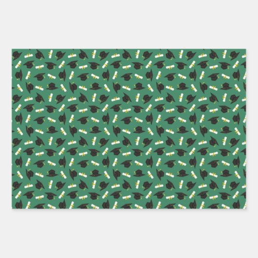 Feuille De Papier Cadeau Green Caps Diplomas Mixed Graduation Patterns (Devant)
