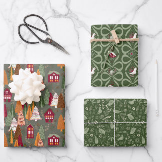 Feuille De Papier Cadeau Green Christmas Forest Village Birds Houses
