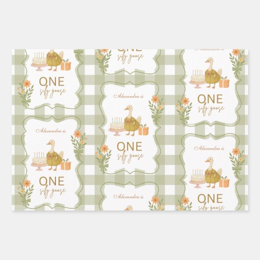 Feuille De Papier Cadeau Green Gingham Silly Goose 1st Birthday (Devant)