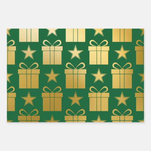 Feuille De Papier Cadeau Green Gold Reindeer présente des rayures Noël (Devant 3)
