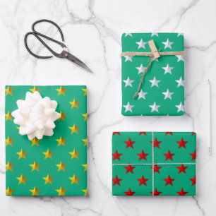 Feuille De Papier Cadeau Green Gold Silver Red Stars Holiday