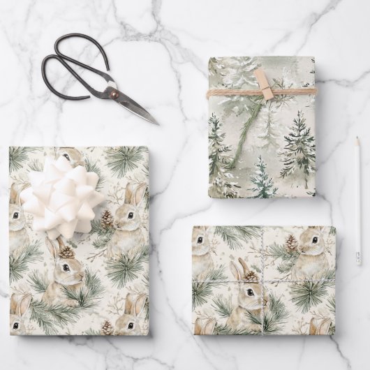 Feuille De Papier Cadeau Green Pine Cones Bunny Rabbits Christmas (Recto)