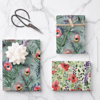 Feuille De Papier Cadeau Green Red Peacock Feathers Flowers Birthday