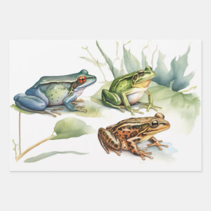 Feuille De Papier Cadeau Grenouille aquarelle aux fleurs tropicales