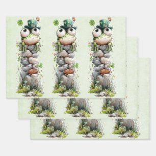 Feuille De Papier Cadeau Grenouille avec chapeau vert et trèfle mignon