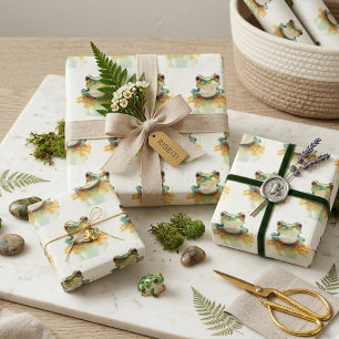 Feuille De Papier Cadeau  Grenouille de l'arbre aquarelle verte mignonne, p