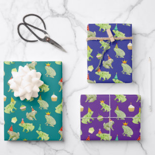 Feuille De Papier Cadeau Grenouilles d'Anniversaire Drôle Main Illustrée Mi