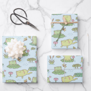 Feuille De Papier Cadeau Grenouilles mignonnes et motif d'étang de libellul