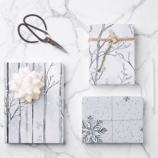 Feuille De Papier Cadeau Grey Silver Snowflake Trees Christmas (Recto)