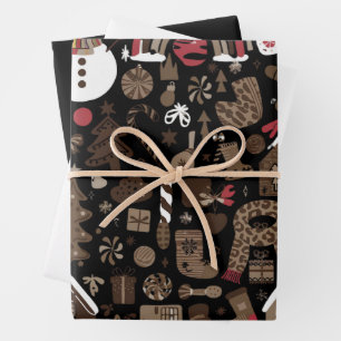 Feuille De Papier Cadeau Gribouillis de Noël Fêtes Rétro Arbres Vintage