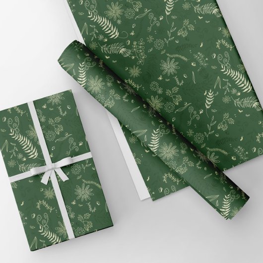 Feuille De Papier Cadeau Gribouillis floraux ivoire sur fond vert