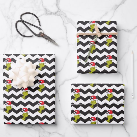 Feuille De Papier Cadeau Grinch | Black & White Holiday Chevron Pattern (Recto)