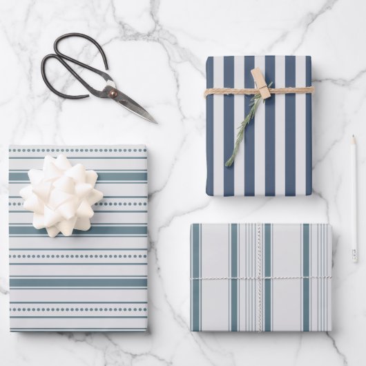 Feuille De Papier Cadeau Gris Bleu Farmhouse Stripes (Recto)