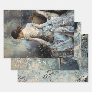 Feuille De Papier Cadeau Gris Maussades Elégante Femme Dos Fleurs De Damas