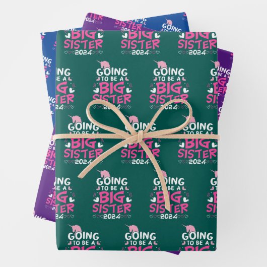 Feuille De Papier Cadeau Grosse soeur Coeurs Unicorne 2024 (En situation)