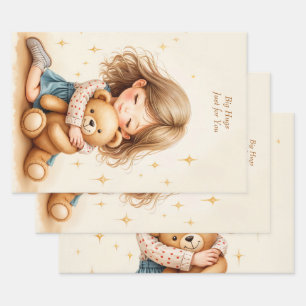 Feuille De Papier Cadeau Grosses Câlins - Jolie Fille Enlaçant un Ours en P