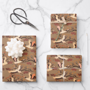 Feuille De Papier Cadeau Grues de la colline de sable Arbres Motif Marron C