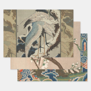 Feuille De Papier Cadeau Grues sur un pin couvert de neige Hokusai