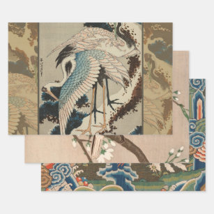 Feuille De Papier Cadeau Grues sur un pin couvert de neige Hokusai