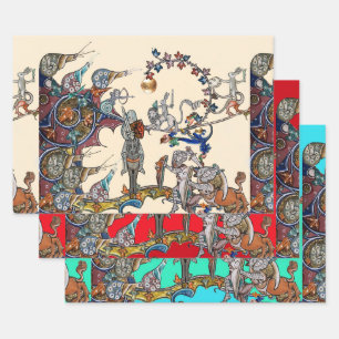 FEUILLE DE PAPIER CADEAU GUERRE BESTIAIRE MÉDIÉVALE, CHEVALIERS, ESPACES GÉ