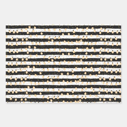 Feuille De Papier Cadeau Guirlande de lumières sur rayures blanches noires (Devant)
