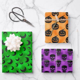 FEUILLE DE PAPIER CADEAU HALLOWEEN BATS DEMI-LUNES & CITROUILLES