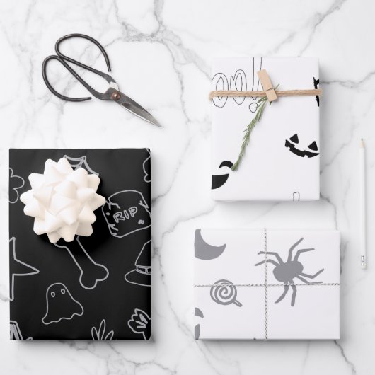 Feuille De Papier Cadeau Halloween Boo ! Noir Blanc (Recto)